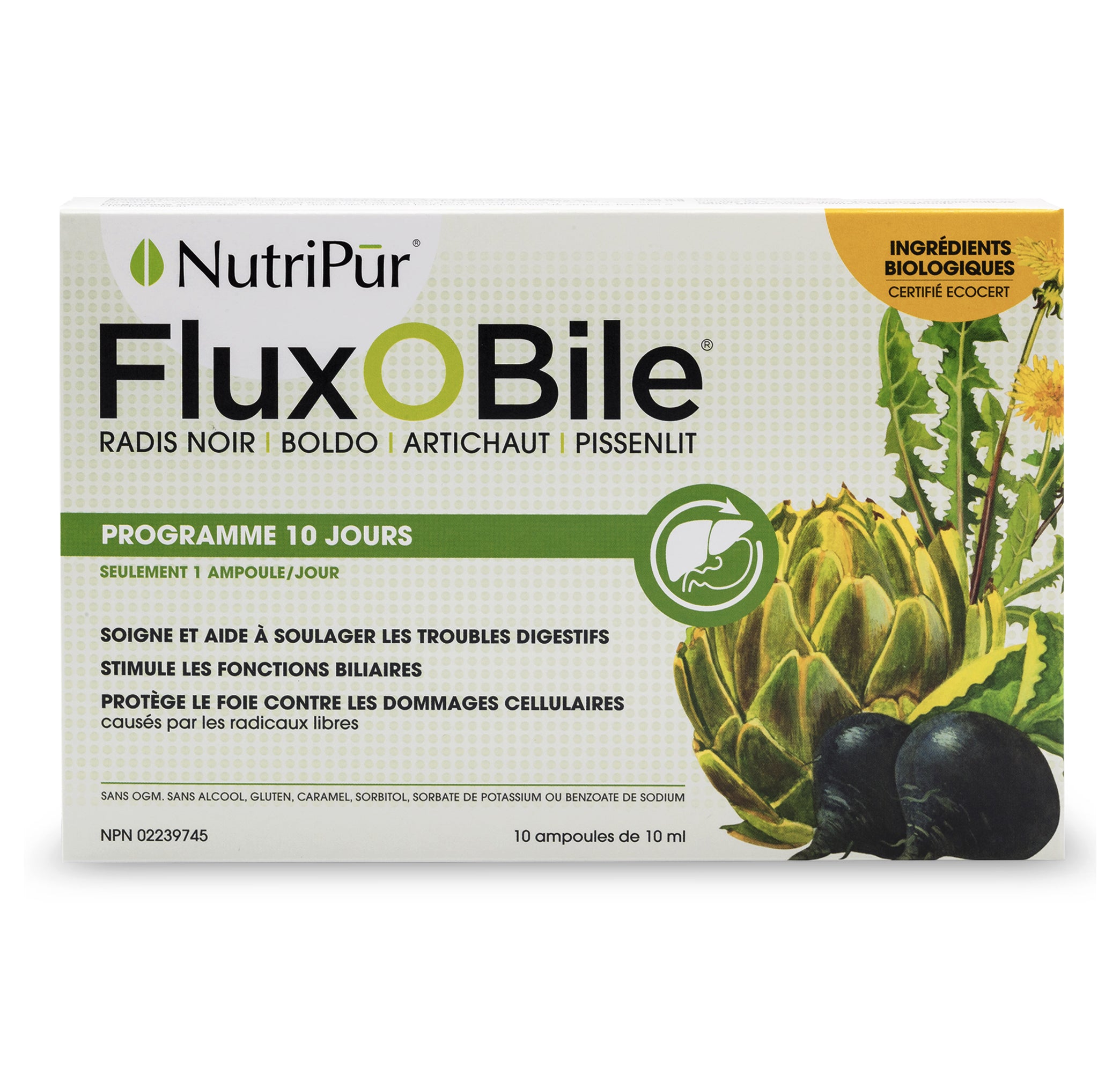 FluxOBile - Detox biologique qui nettoie le foie en profondeur - NutriPur - 10 ampoules de 10ml